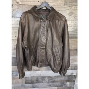 Eddie Bauer Bomber Jacket Men’s Large Zip Up Brown Pebbled Leather Satin Lining